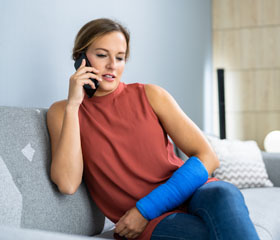 Mujer sentada en el sofá hablando por teléfono con el otro brazo escayolado